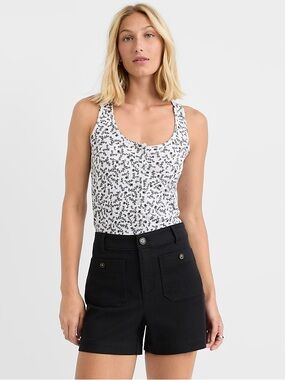 LOFT White Ribbed Tank with Black Floral Print